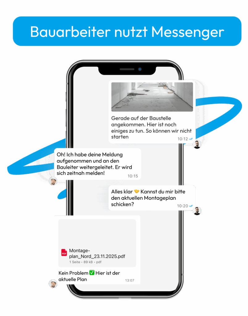 Bauarbeiter kommuniziert per WhatsApp Messenger auf der Baustelle