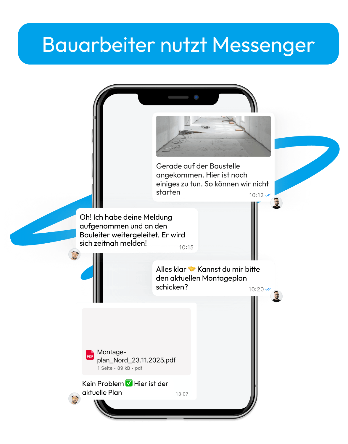 Bauarbeiter kommuniziert per WhatsApp Messenger auf der Baustelle
