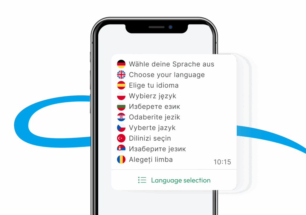 Smartphone zeigt Valoon Sprachauswahl mit über 50 verfügbaren Sprachen