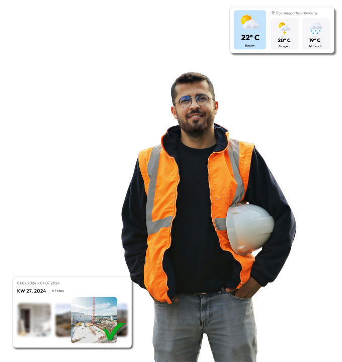 Bauarbeiter mit Schutzhelm und Werkzeuggürtel, bereit für Bauprojekte, mit digitaler Wettervorhersage und Bauplanung.