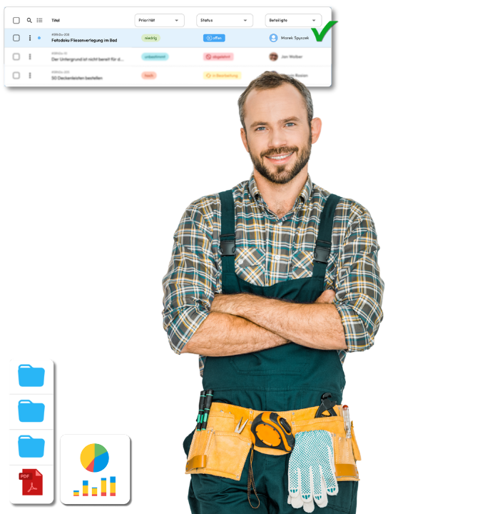 Handwerker auf einer Baustelle mit verschränkten Armen, der die Valoon Handwerker Software für Monteure via WhatsApp präsentiert.