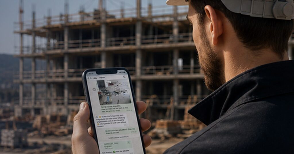 Bauarbeiter mit Helm auf der Baustelle nutzt die Valoon-App auf dem Smartphone – Kooperation Valoon x Skalice für die digitale Baustelle.