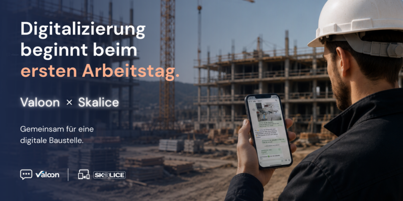 Handwerker auf der Baustelle mit Valoon auf vorkonfiguriertem Gerät