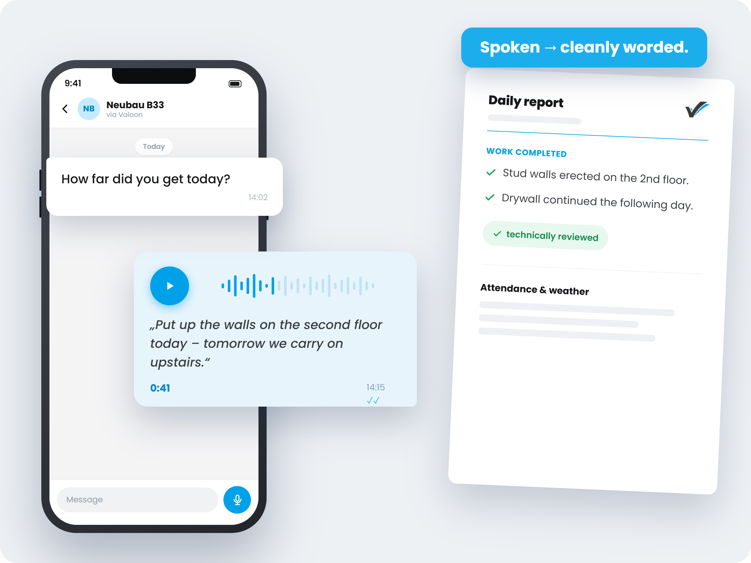 Voice AI converts a casual spoken site update into a cleanly worded, technically reviewed daily construction report with work completed and attendance