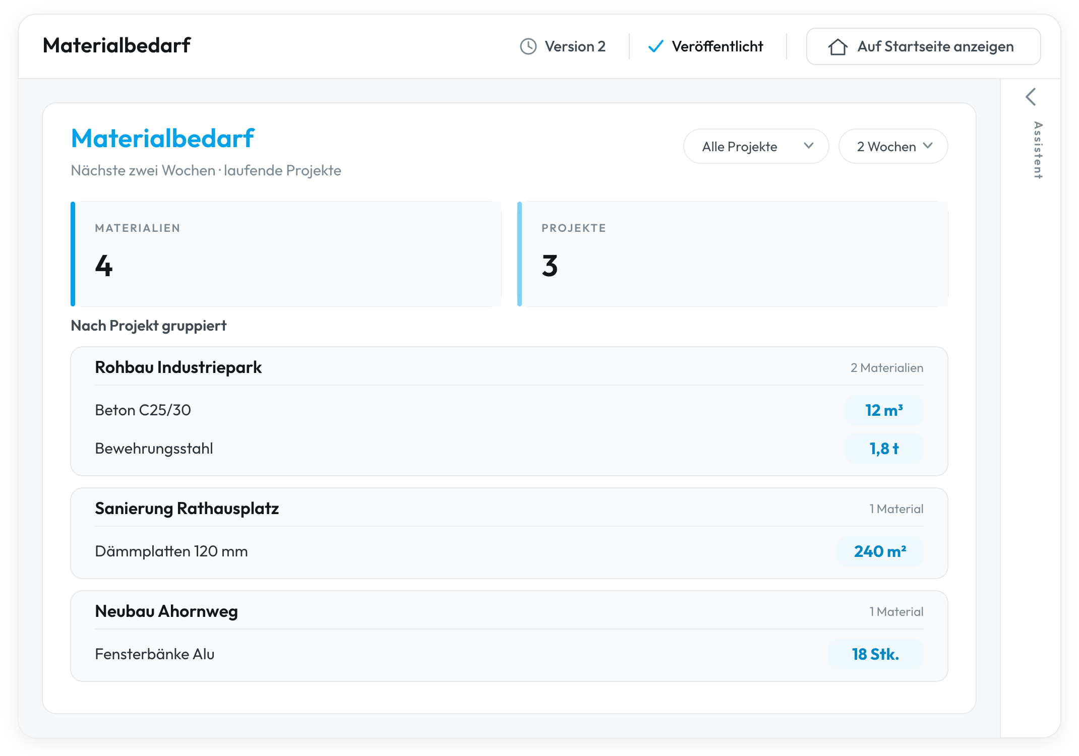 Valoon Studio Ansicht „Materialbedarf“: nach Projekt gruppierter Bedarf für die nächsten zwei Wochen mit Beton C25/30, Bewehrungsstahl, Dämmplatten und Fensterbänken.